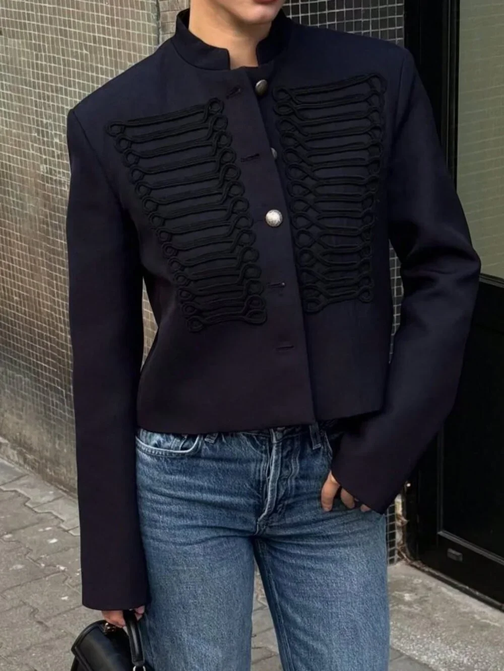Navy Blue Casual Women's Versatile Button-Decor Single-Breasted Short Jacket